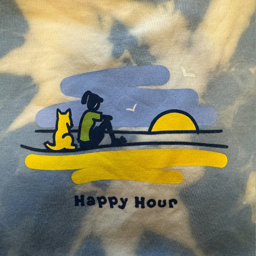 CUSTOM Life Is Good Shirt Womens Small Blue Tie Dye Tee Jackie Rocket Happy Hour